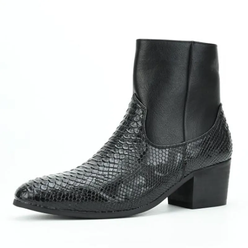 2027 Fashion Handmade Men High Heels Snake New Skin Ankle Boots for Men Chelsea Leather High Top Mens Dress Shoes Bota Masculina