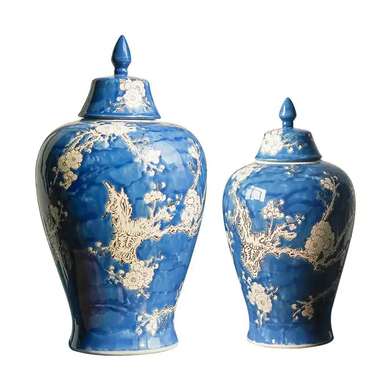 Vase à fleurs en céramique de style chinois, fleurs de prunier blanches,