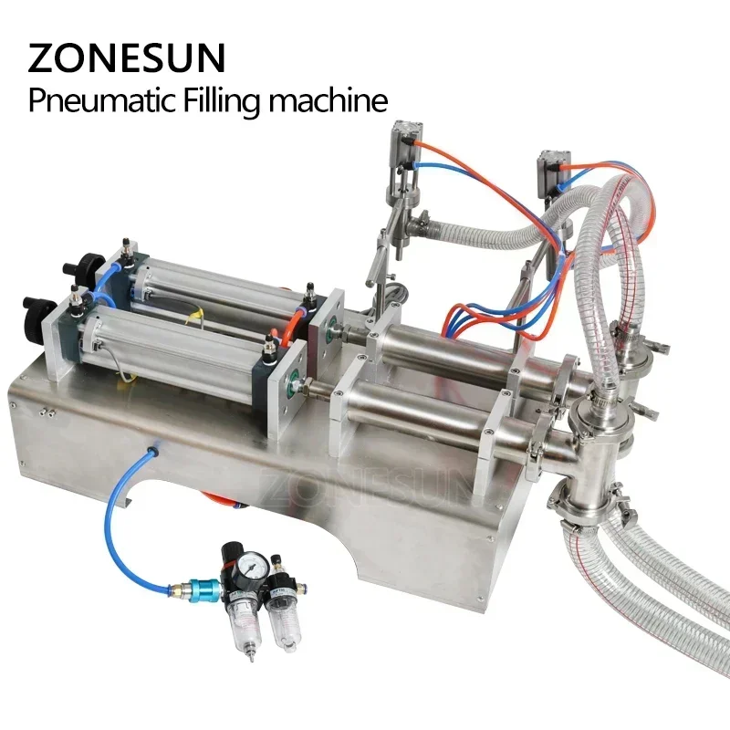 ZONESUN Pneumatic Liquid Filling Machine Double Head Piston Pump Filler for Shampoo Juice Milk Edible Plastic Oil Bottle ZS-YT2