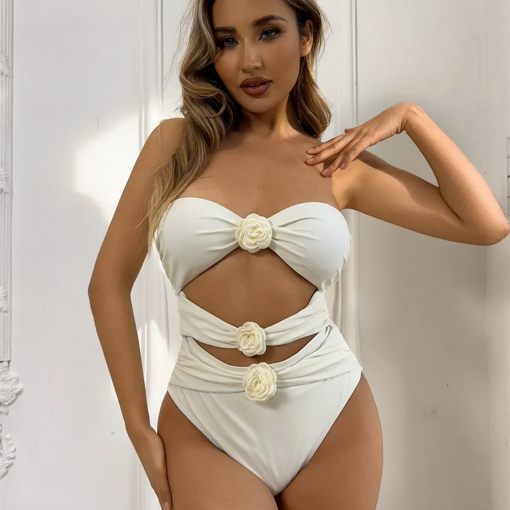

Sexy Pink Beige 3D Flower Swimwear Woman One Piece Swimsuits Female Cut Out Monokini Bathing Swimming for Women Bathers 2025 New