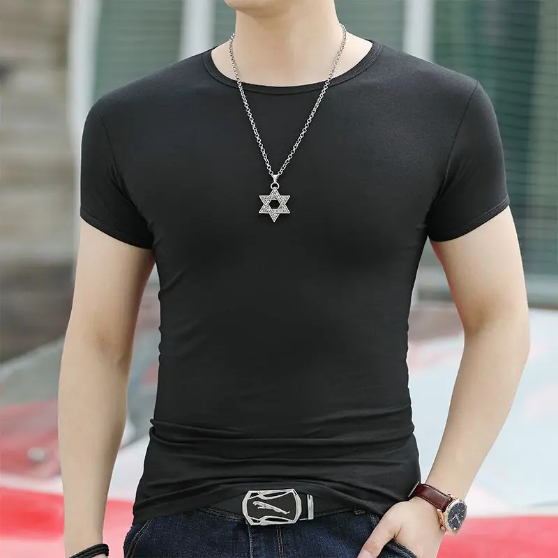 Summer Luxury Korean Men\'s Short Sleeve T-Shirt Fashion Round Neck Slim Elastic Tight-fitting General Tee Shirt for Men