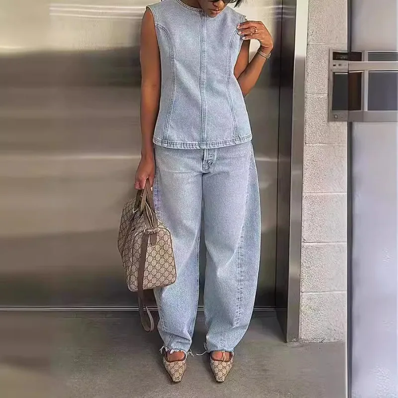 Elegant Women Denim 2 Piece Set Sleeveless Tank Top Wide Leg Pants Matching Set 2024 Autumn New Fashion Streetwear Jeans Outfits