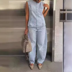 Elegant Women Denim 2 Piece Set Sleeveless Tank Top Wide Leg Pants Matching Set 2024 Autumn New Fashion Streetwear Jeans Outfits