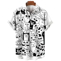 Men's Shirt Cute Cat Pattern Shirt Social Summer Casual Vintage Hawaiian Shirt  New Oversize Short Sleeve Street Clothing
