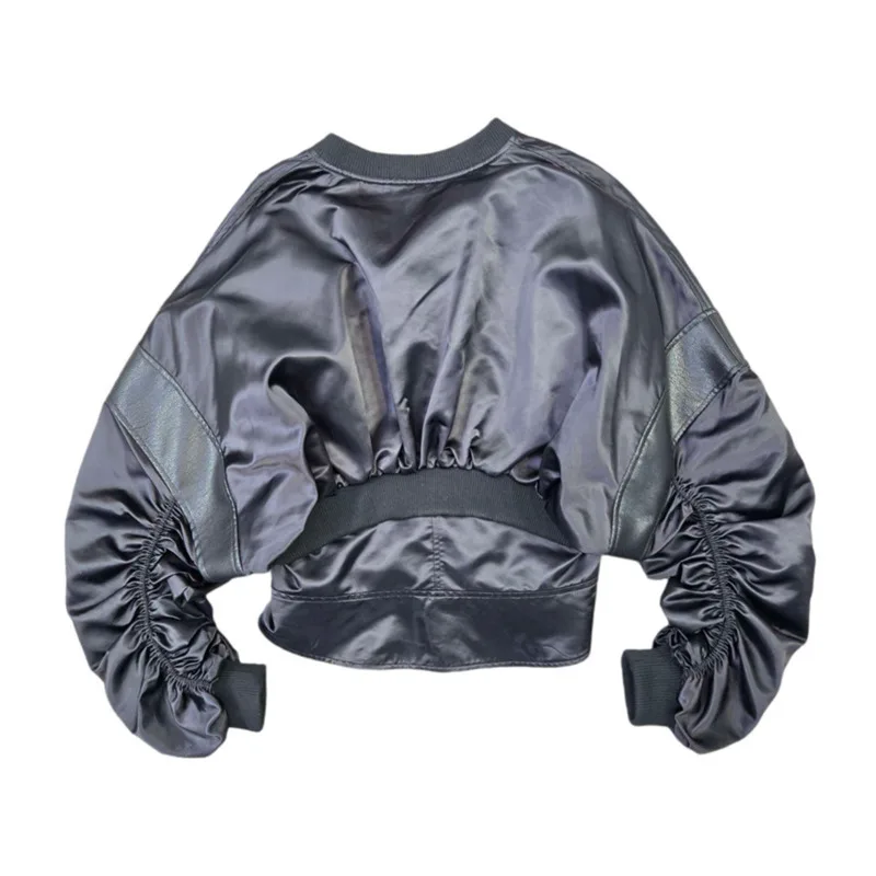 HKSH Otoño Invierno nueva chaqueta de cuero PU para mujer nicho de marea cintura ajustada Patchwork manga fruncida béisbol moda abrigo elegante HK12770