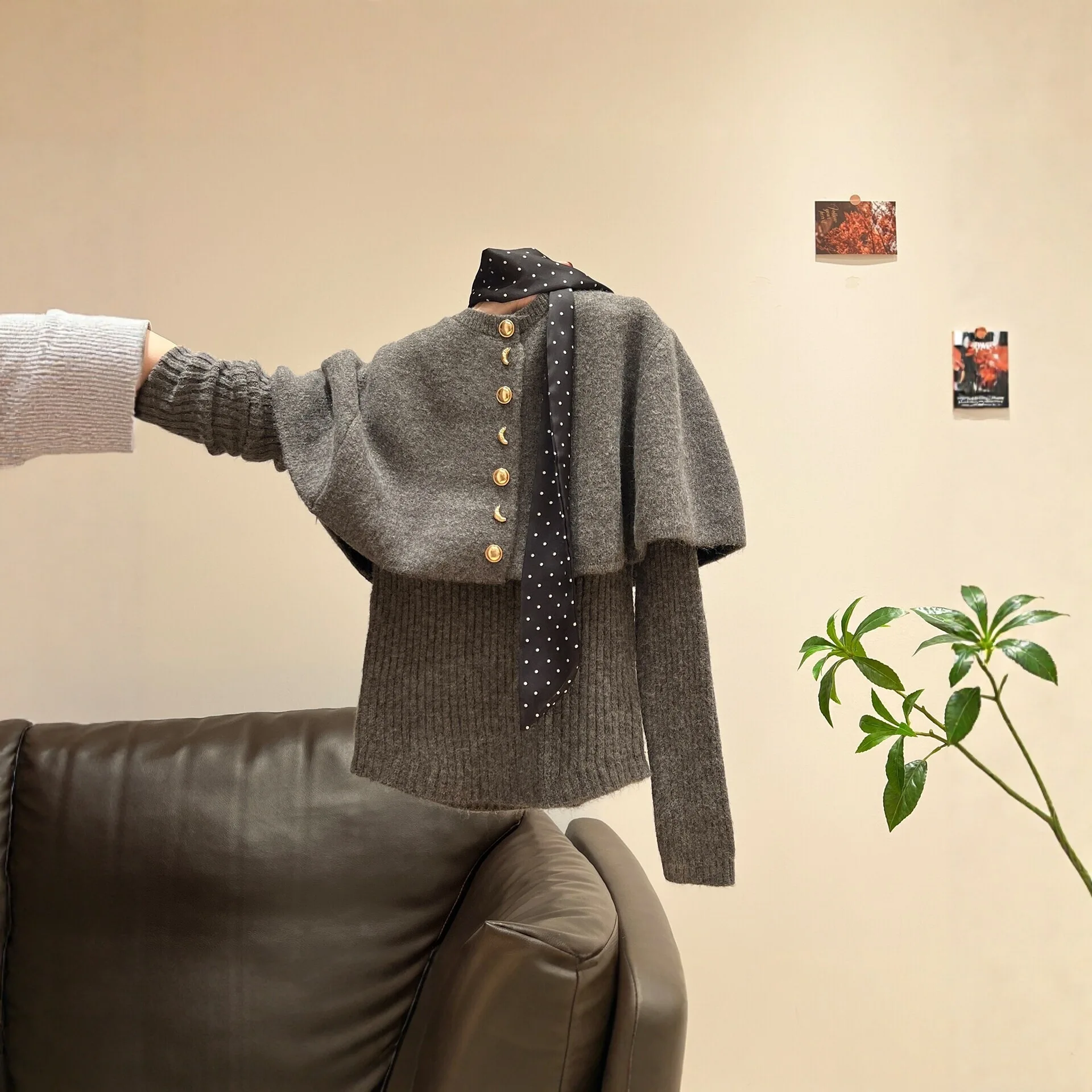 Elegant Two Piece Set Knit Pullover Sweater and Cape Women's Cozy Warm Relaxed Fit Everyday Basic Casual Fall Fashion Knitwear
