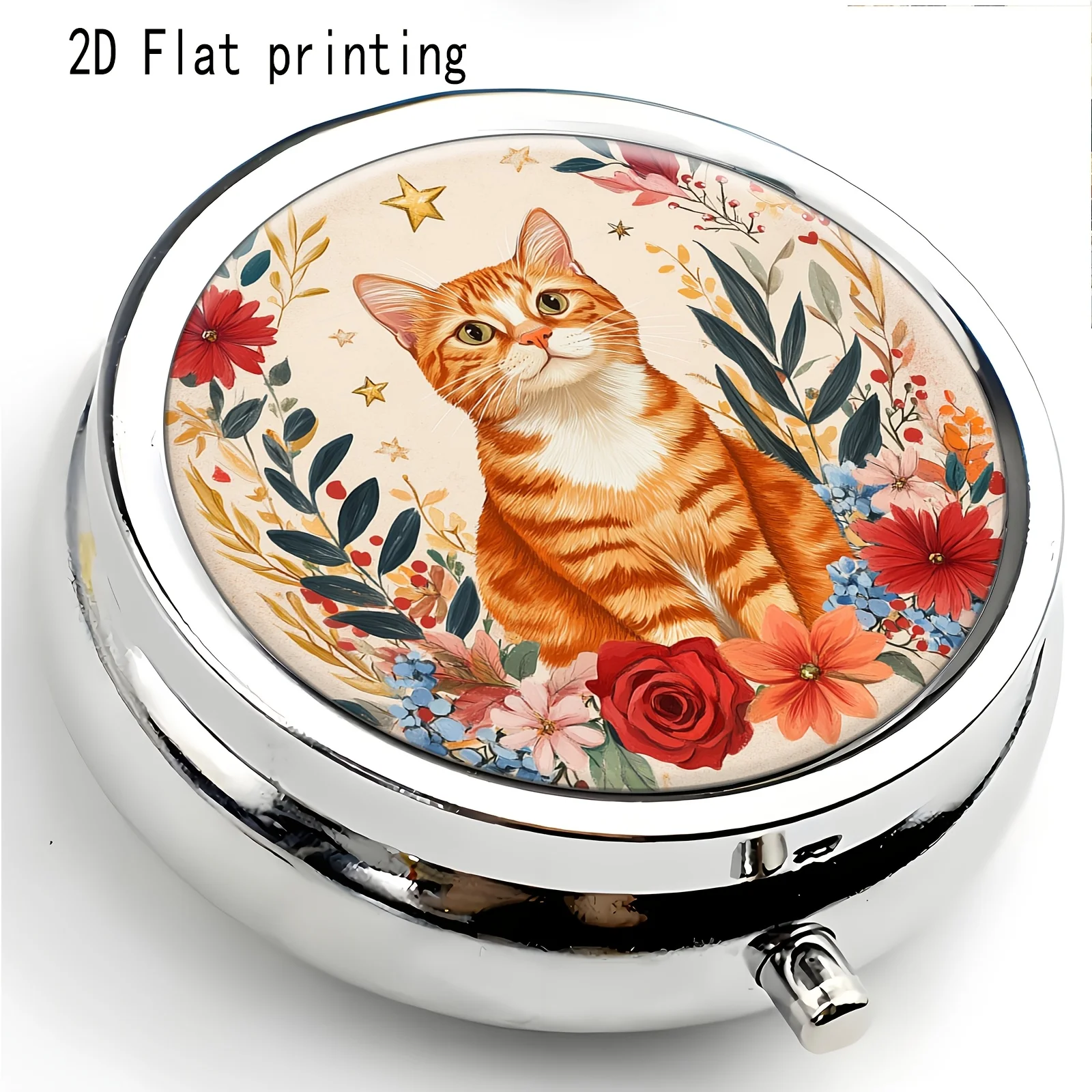 Pill Box with Floral and Orange Cat Illustration, Forest-Themed Healing Design, Made of Metal, Suitable for Various Occasions, Lightweight and Convenient, Compartmentalized for Organization, Compact and Exquisite Decorative Box, Small Jewelry Box, Suitable for Long-Distance Travel