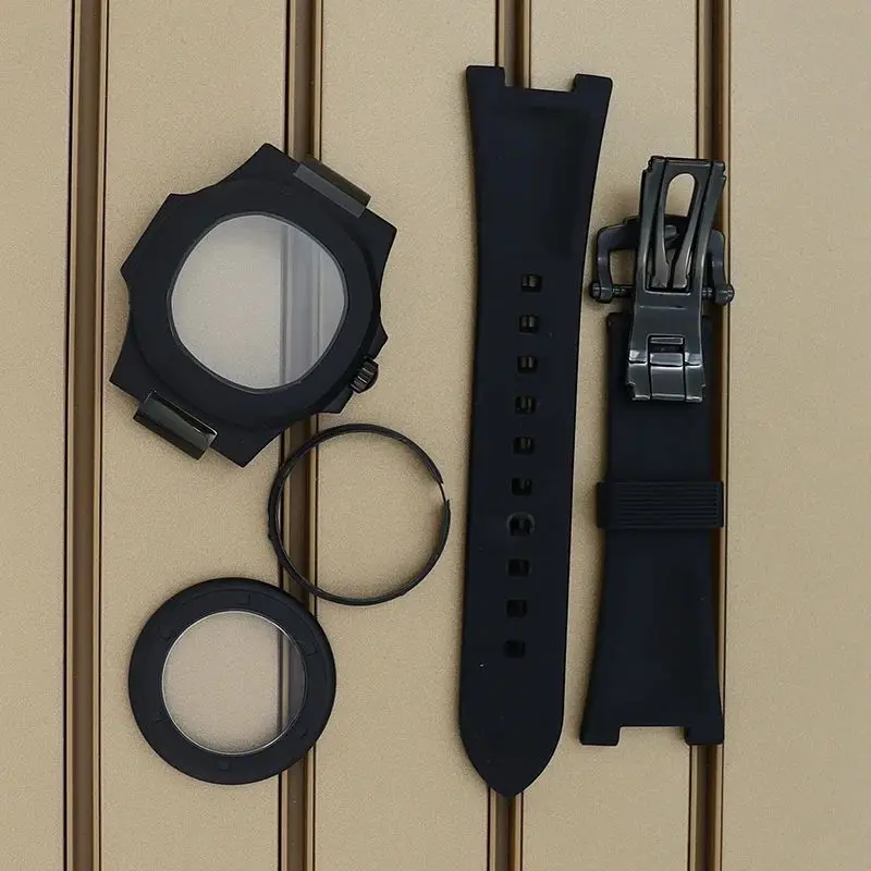 Black 40mm Watch Case Rubber Bracelet 100M Waterproof Sapphire Glass Parts For Nautilus NH34 NH35 NH36 NH38 Movement 30.8mm Dial