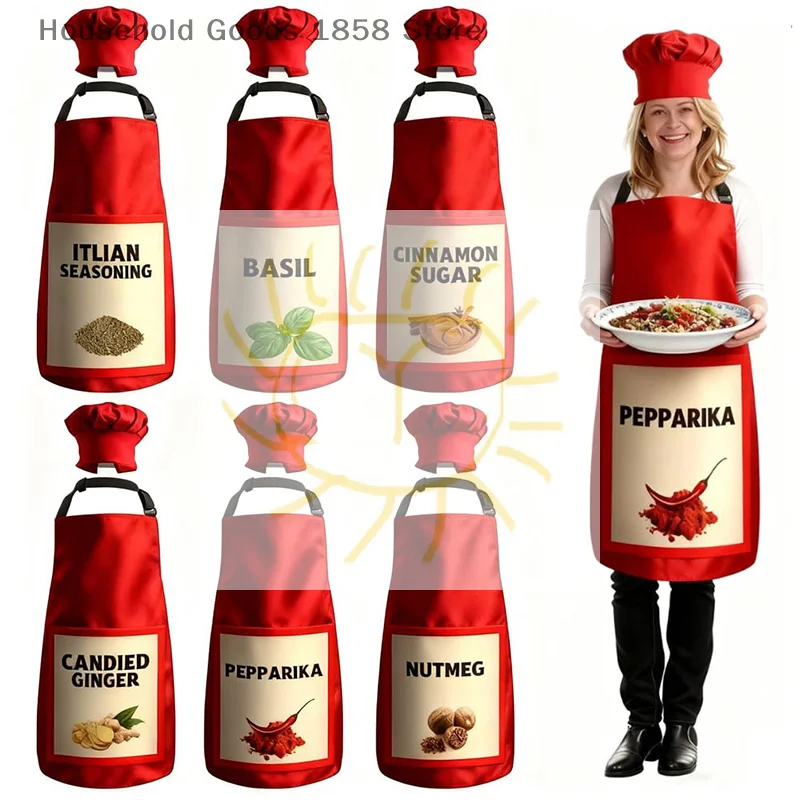 

6pcs Spice Costume And Hat Set Large Group Halloween Red Apron Aprons Condiments With Spices On Them For Adults Women Team Fancy