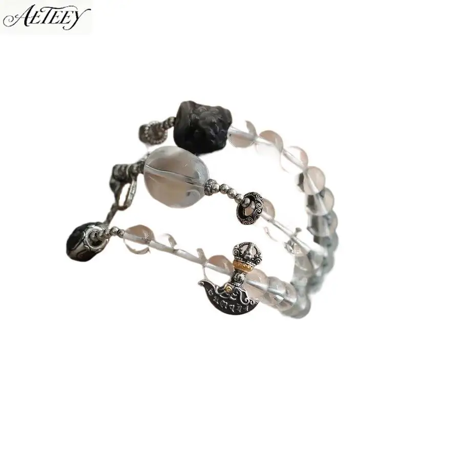 AETEEY 925 Sterling Silver Bracelet Natural Clear Quartz Obsidian Lion Jade Chalcedony Unisex Crystal Wrist Jewelry