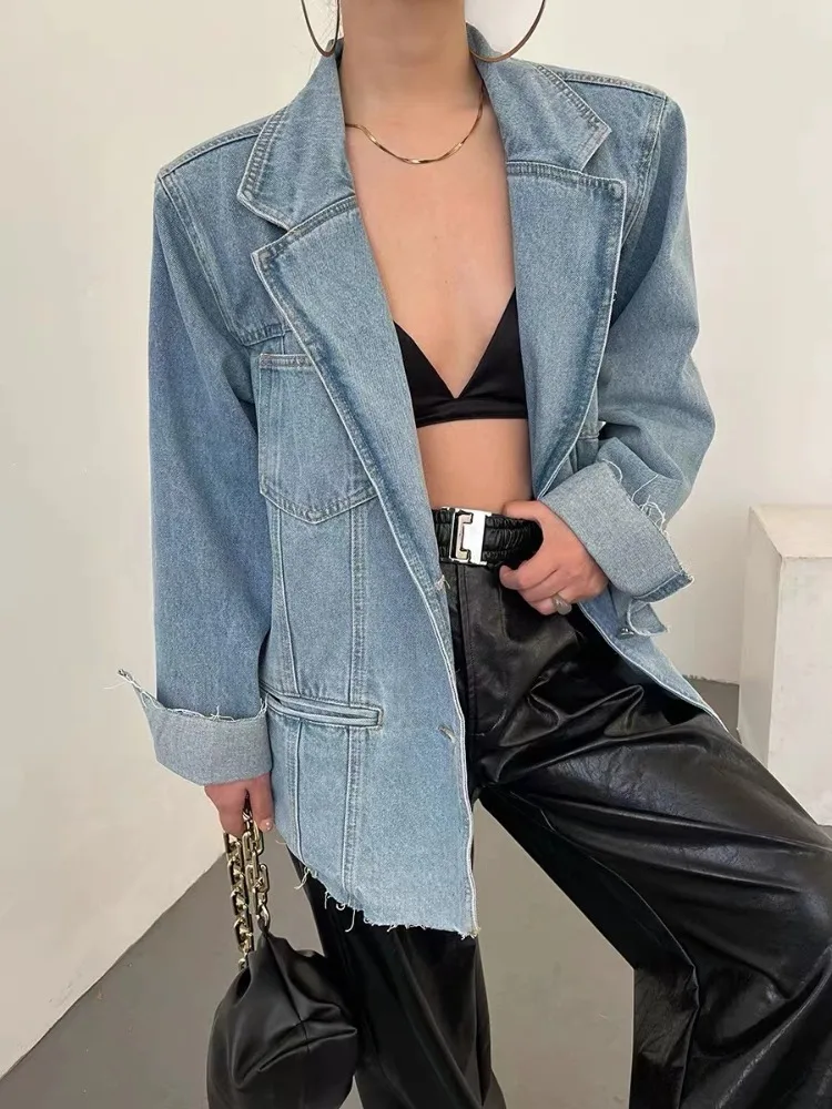 

Early Autumn New Unique Good-looking Women's Suit High-end Retro Blue Denim Jacket Casual Coat Loose Double-breasted Suit Top