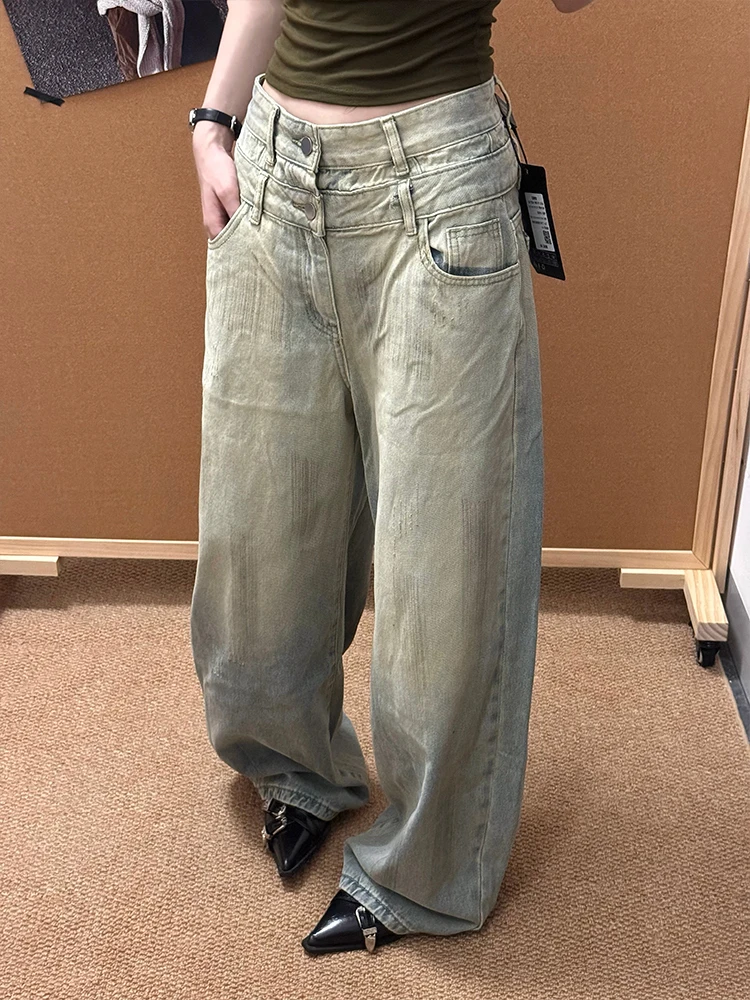 Retro American Design Distressed Denim Jeans for Women Summer New Style Hot Girl Double Waist Head Flip Floor-length Knife Pants
