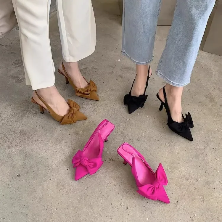 Sandalias con cubierta para el dedo del pie con nudo de mariposa de estilo francés, zapatos de hadas con tacón fino y punta estrecha, zapatos individuales, nuevo estilo de verano, elegantes Pu para mujer