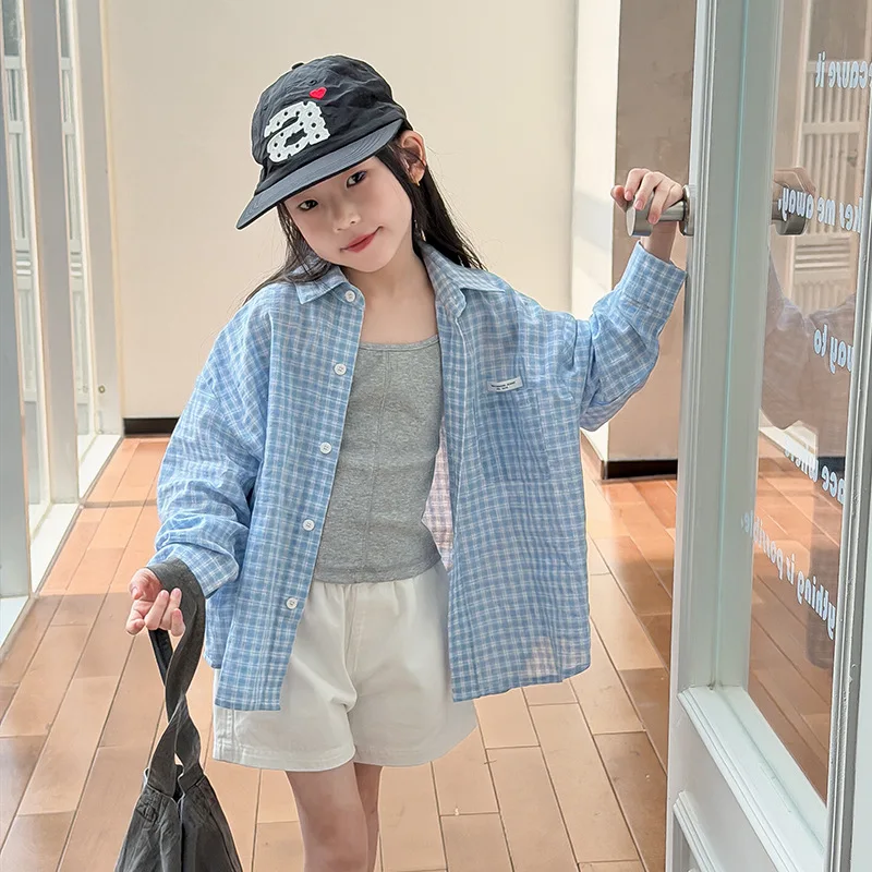Girls Trendy and Fresh Plaid Top Korean Loose and Casual Plaid Shirt Sunscreen Jacket 2026 Summer New