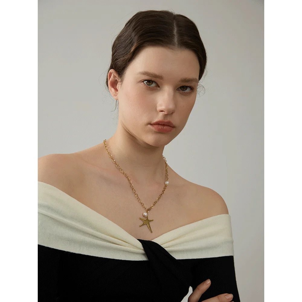 Yhpup Stainless Steel Star Natural Pearl Fashion Necklace Pendant Gold Color 18K PVD Plated Attractive Daily Neck Jewelry Gift