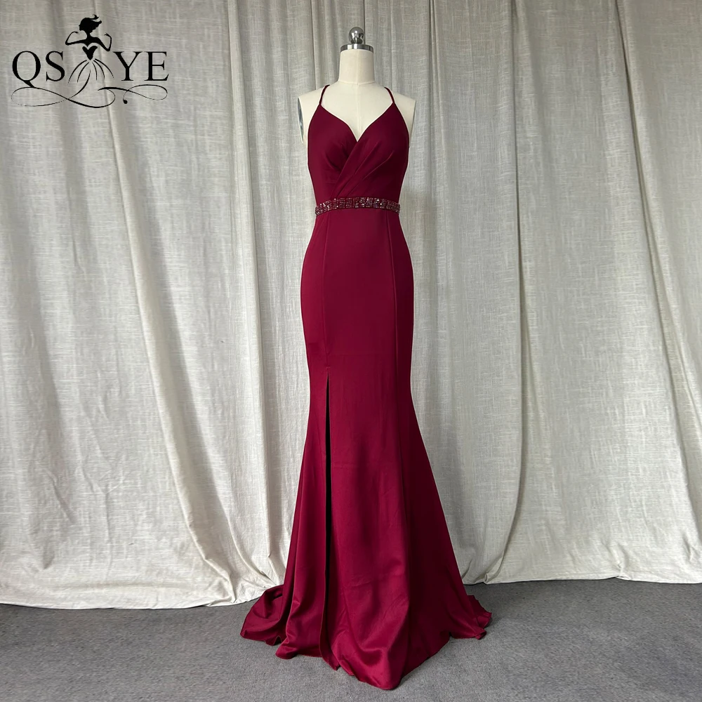 Claret Red Evening Dress Halter Neck Ruched Split Sexy V Long Mermaid Prom Gown Crystal Beading Sash Shoulder Straps Party Dress