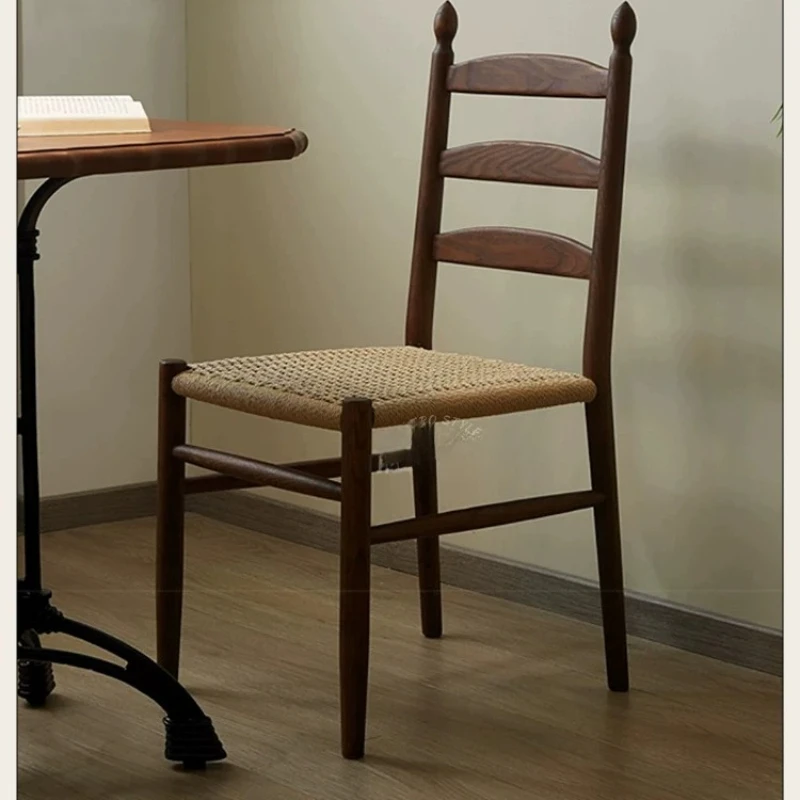 

French retro paper rope woven dining chair solid wood back chair small apartment desk chair