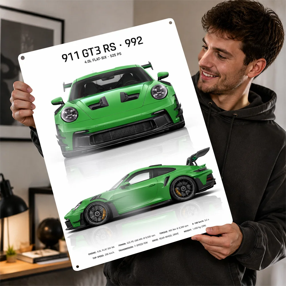 Germany 911 GT3 RS 992 Python Green Supercar Printed Poster Personalized Aluminum Metal Sign Track Style Wall Art For A Garage