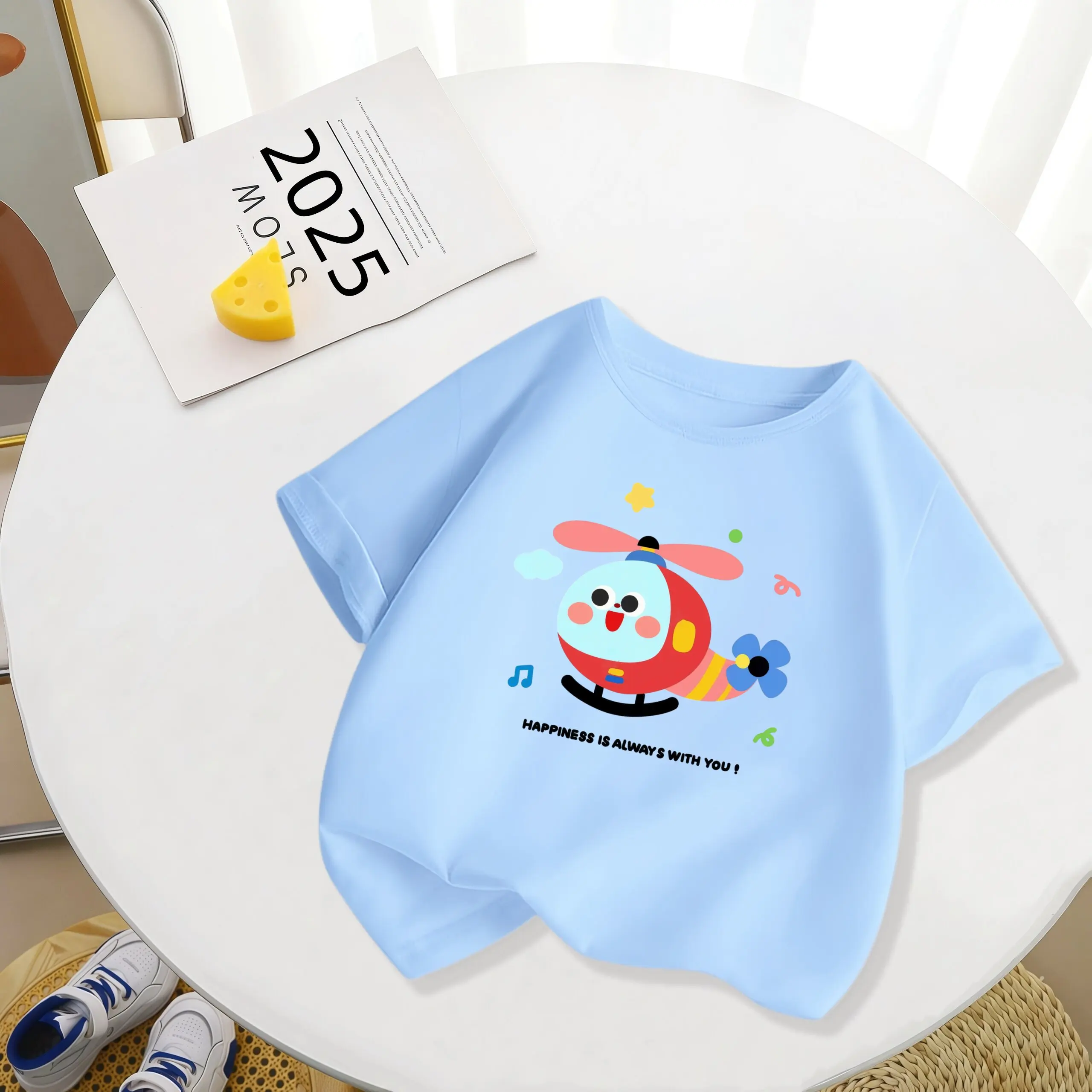 Children's Summer 2026 New Cotton Half Sleeve Summer Cute Cartoon Airplane Top Breathable Parent Child Wear