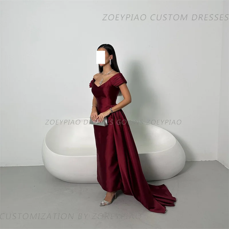 Burgundy Red Satin Prom Gown A Line Off Shoulder floor-length Formal Evening Dresses Gowns Custom Made Abendkleid luxus dubai