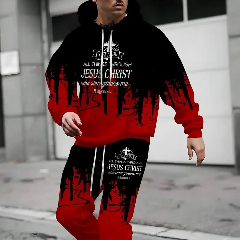 

2025 men's new spring and autumn 3D printed hoodie set clothing 2025 round neck drawstring waist long trousers sports leisure ou