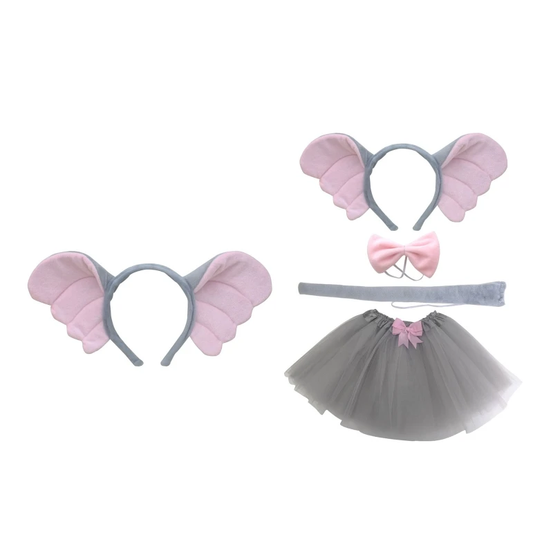 1/4 Pieces Elephant Costume Set Elephant Ear Headband Tail Bow Tie Skirt for Kid Halloween Christmas Animal Cosplay N7YF