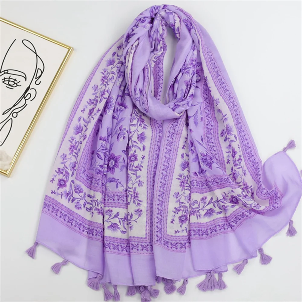 2023 Luxury Brand Cotton Viscose Scarf for Women Spain Lovely Floral Tassel Shawls and Wraps Echarpe Pashmina Bufandas 180*90Cm