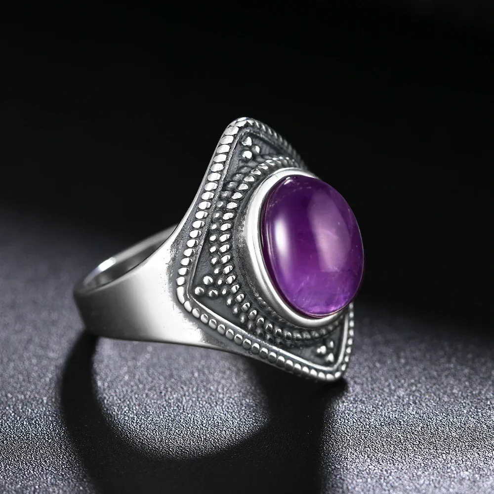 Vintage 8x10MM Natural Oval Amethyst Rings 925 Silver Fine Jewelry for Women Anniversary Party Birthday Gift - Image 5