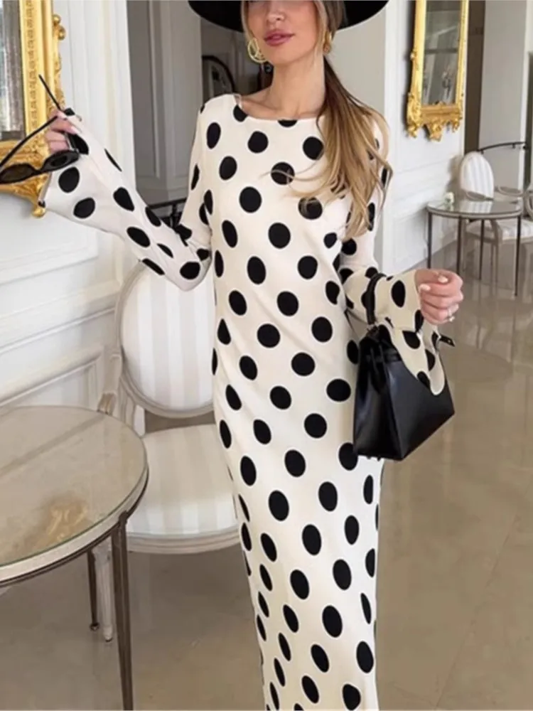 

Sexy Polka Dots Long Dress For Women Square Collar Waist Cinching Belt Flare Sleeve Maxi Dress Lady 2025 Summer Evening Vestidos