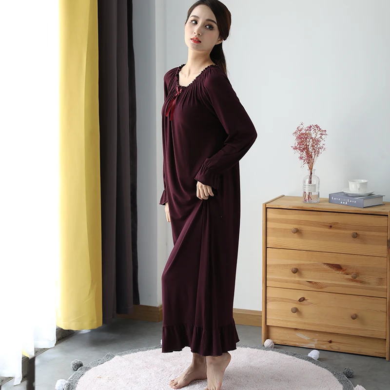 Spring Modal Nightgown Women O-Neck Soft Long Sleeve Nightdress Breathable Princess Sleepdress Home Clothes Sleepwear Plus Size