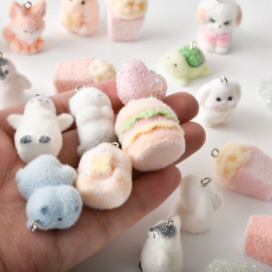 4/6Pcs Mix Kawaii Rabbit Flocking Puppy Dog Charms Making Resin Sea Animal Turtle Fox Bedels DIY Phone Chains Jewelry Materials