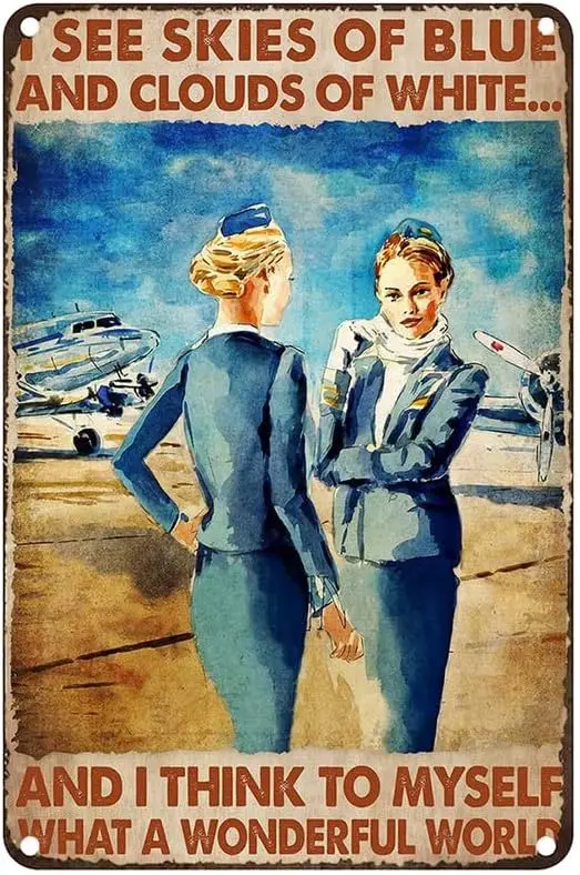 Vintage Metal Tin Sign Flight Attendant I See Skies Of Blue And Clouds Of White And I Think To Myself What A Wonderful Worl sign