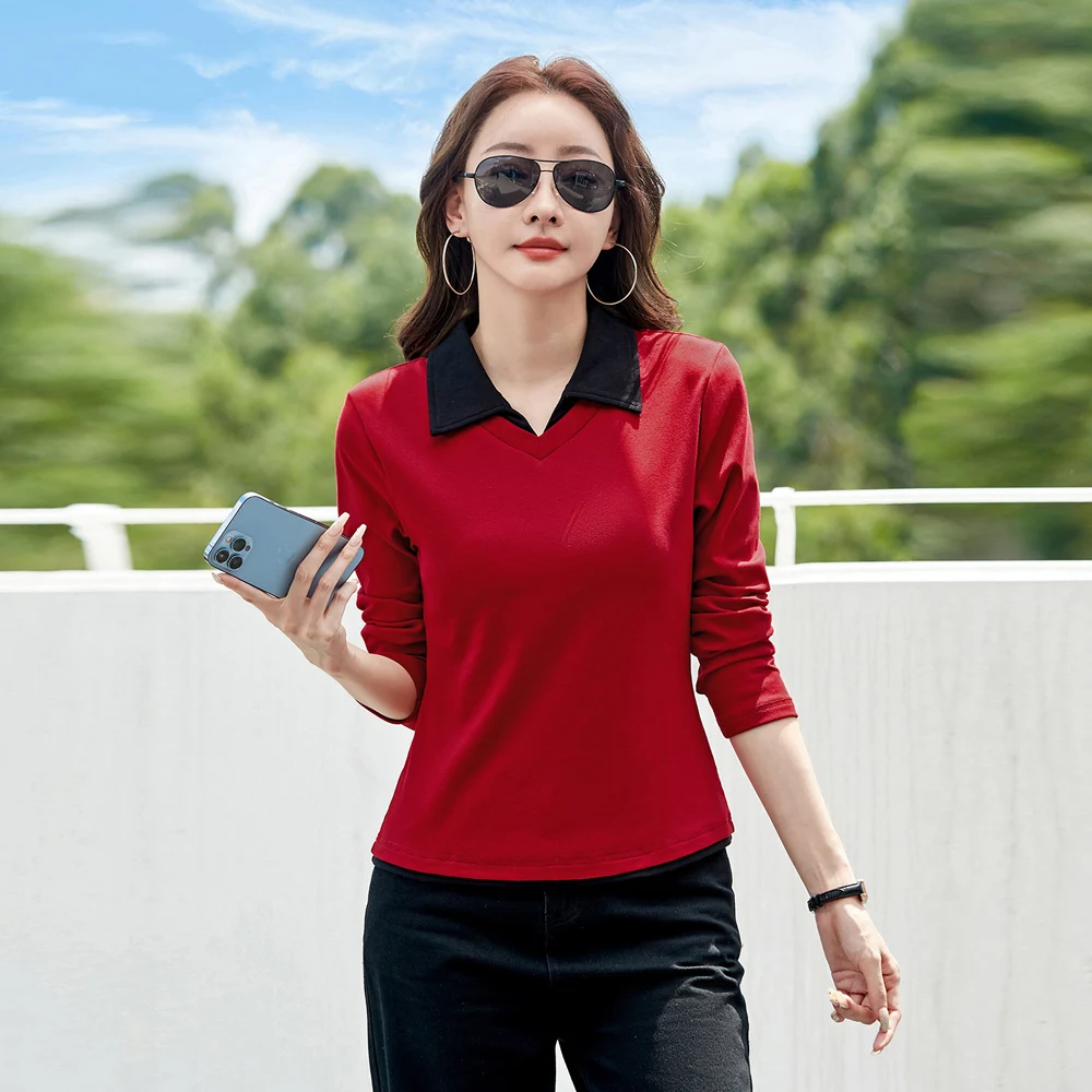 

Wine red lapel long sleeved T-shirt for women in spring and autumn, new high-end cotton fashion plus color contrasting casual to
