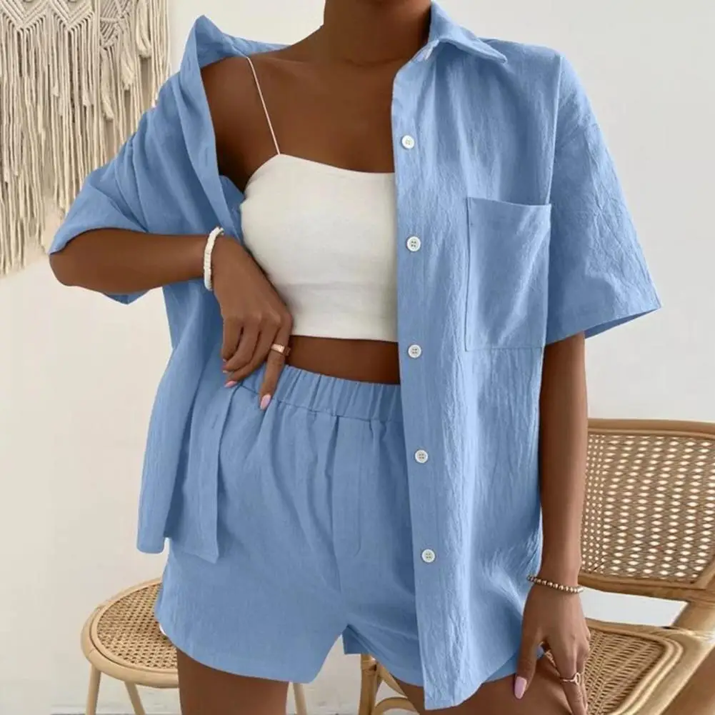 Women Tracksuit Short Sleeves Summer Blouse Shorts Set Solid Color Casual Single-breasted Deep Crotch Daily Clothes