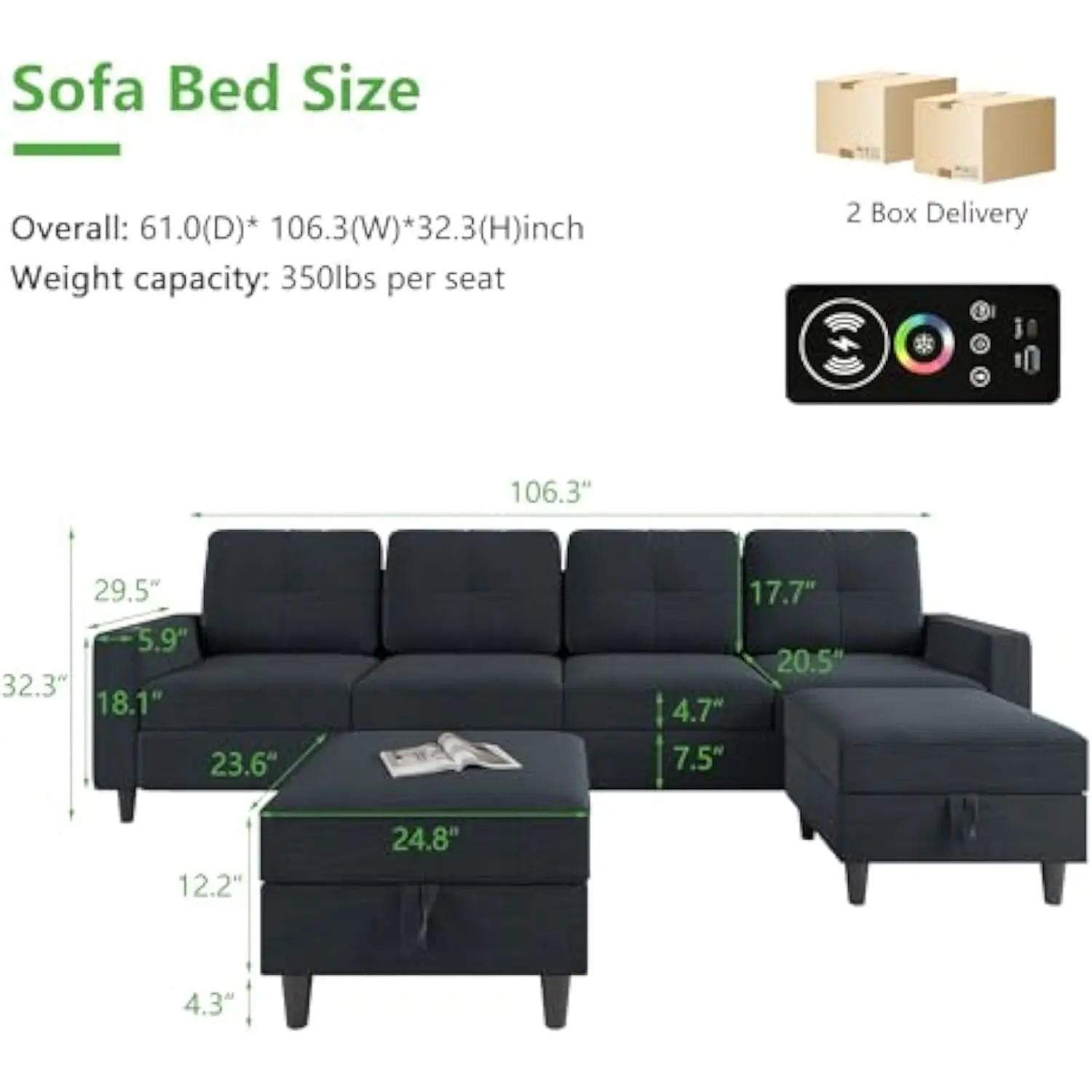 Sectional Sofa with Charging Station Sectional Couches with LED Lights  Living Room U/L Shaped Couch with Storage Ottoman 6Seats