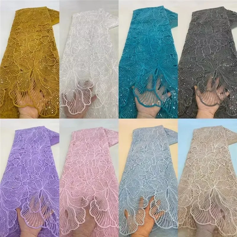 

Beautiful Sequined Lace Fabric 2025 Luxury French Mesh Lace Fabric High Quality Tulle Mesh Lace Fabric 5Yards