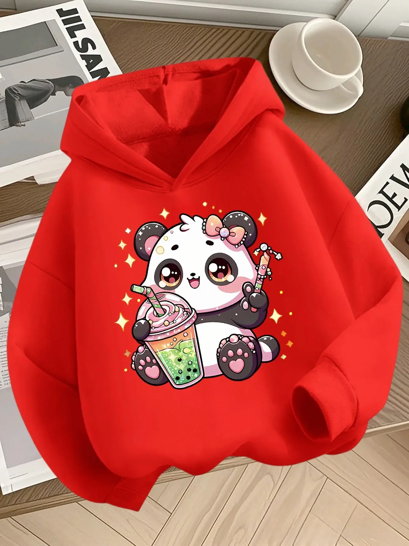 Kids Hoodie Autumn Winter Fleece Cute Panda Bubble Tea Graphic Pullover Sweatshirt Casual Warm Cartoon Hooded Sweatshirt