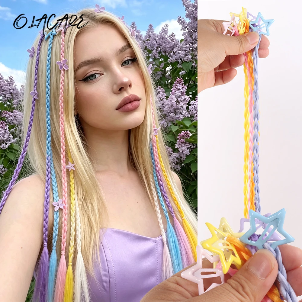 5Pcs/Set Colorful Braids Hair Extensions with Hair Star Clips Colorful Braided Ponytail Hairpieces Hair Accessories for Girl