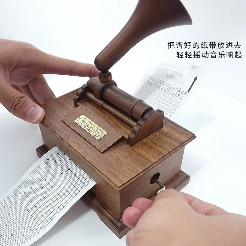 30 Tone Wooden Music Box Hand Crank Paper Tape DIY Creative Phonograph Gift for Friends Novelty Home Decor Mechanical