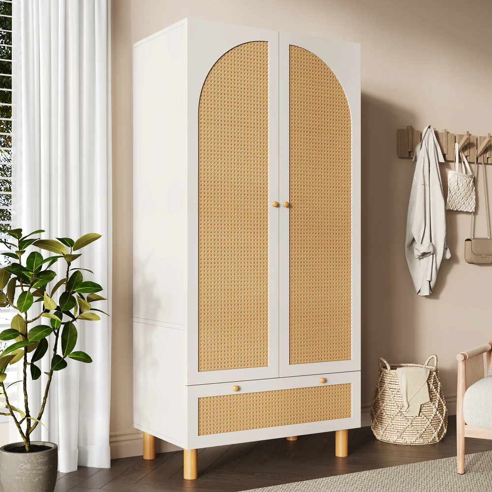 Armoire blanche de style campagnard 180×85×52 cm avec 2 portes en rotin tressé, grand tiroir de rangement, étagères réglables en hauteur et tringle de suspension, dispositif anti-basculement, meuble de rangement autoportant pour chambre à coucher