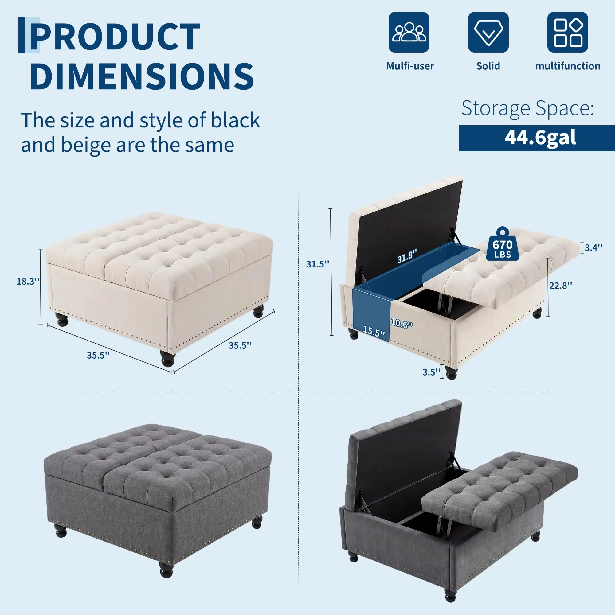 36 Inch Square Lift Top Storage Ottoman, Upholstered Ottoman Bench with 169L Large Hidden Storage Space, Tufted Padded Seat with Wood Legs, Multi-Functional Footrest Coffee Table or Extra Seating, 300 image 3