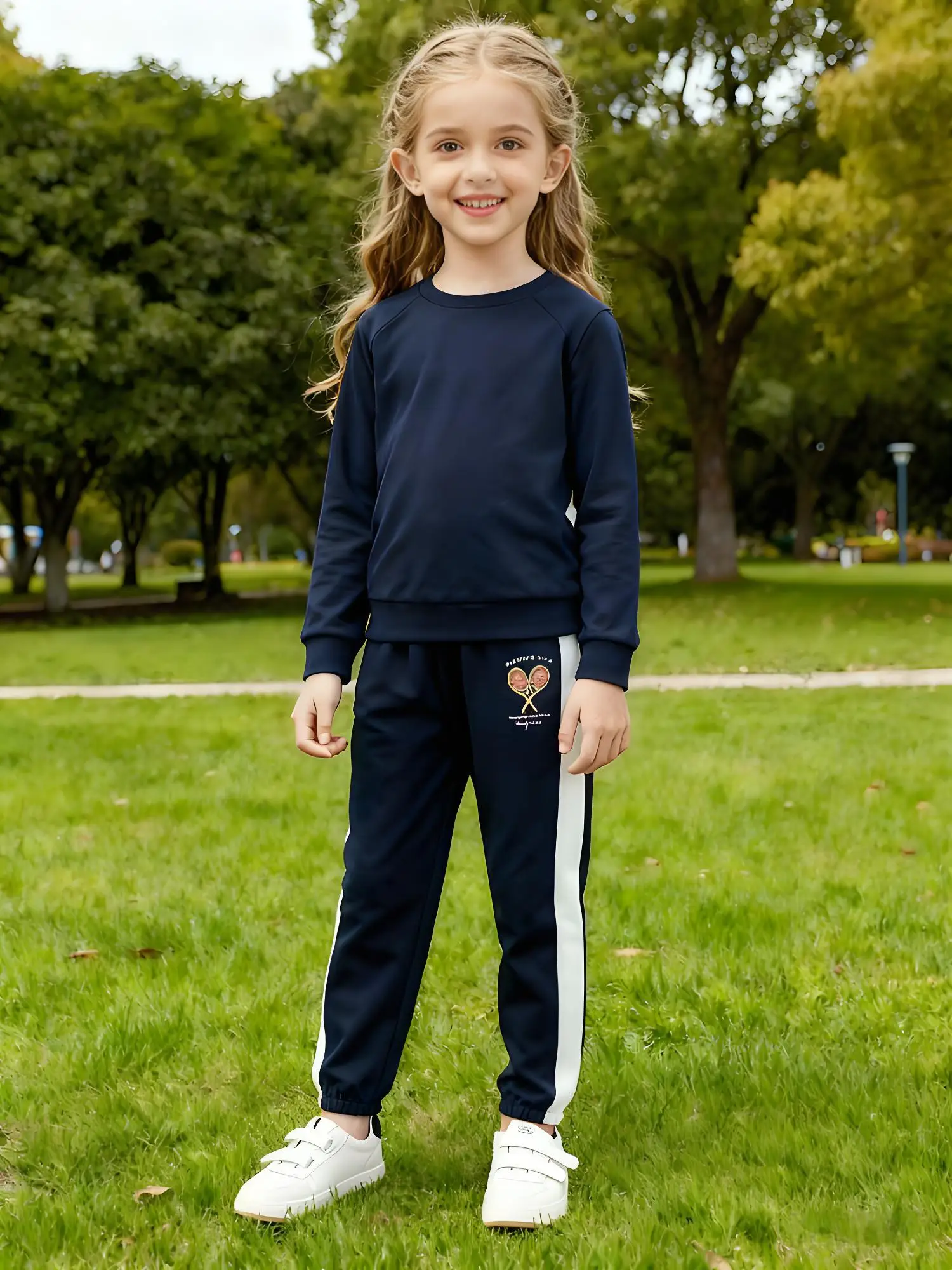Joggers azul marino para niña pequeña: rayas laterales blancas, gráfico de raqueta de tenis y estampado "Tennis Lovers Club", lindos pantalones de chándal casuales