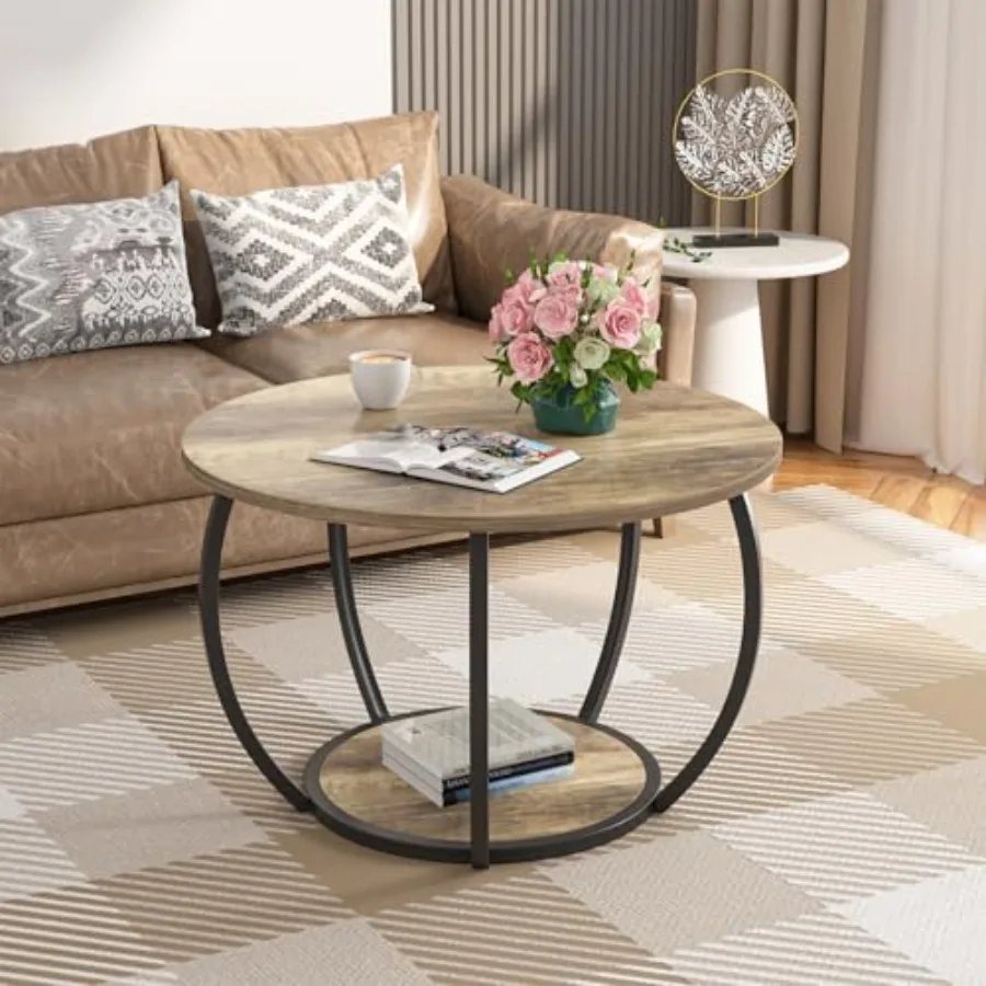 

Round Coffee Table with 2-Tier Open Storage 27.6 inch Small Circle Coffee Tables with Adjustable Feet Modern Mini Center Table