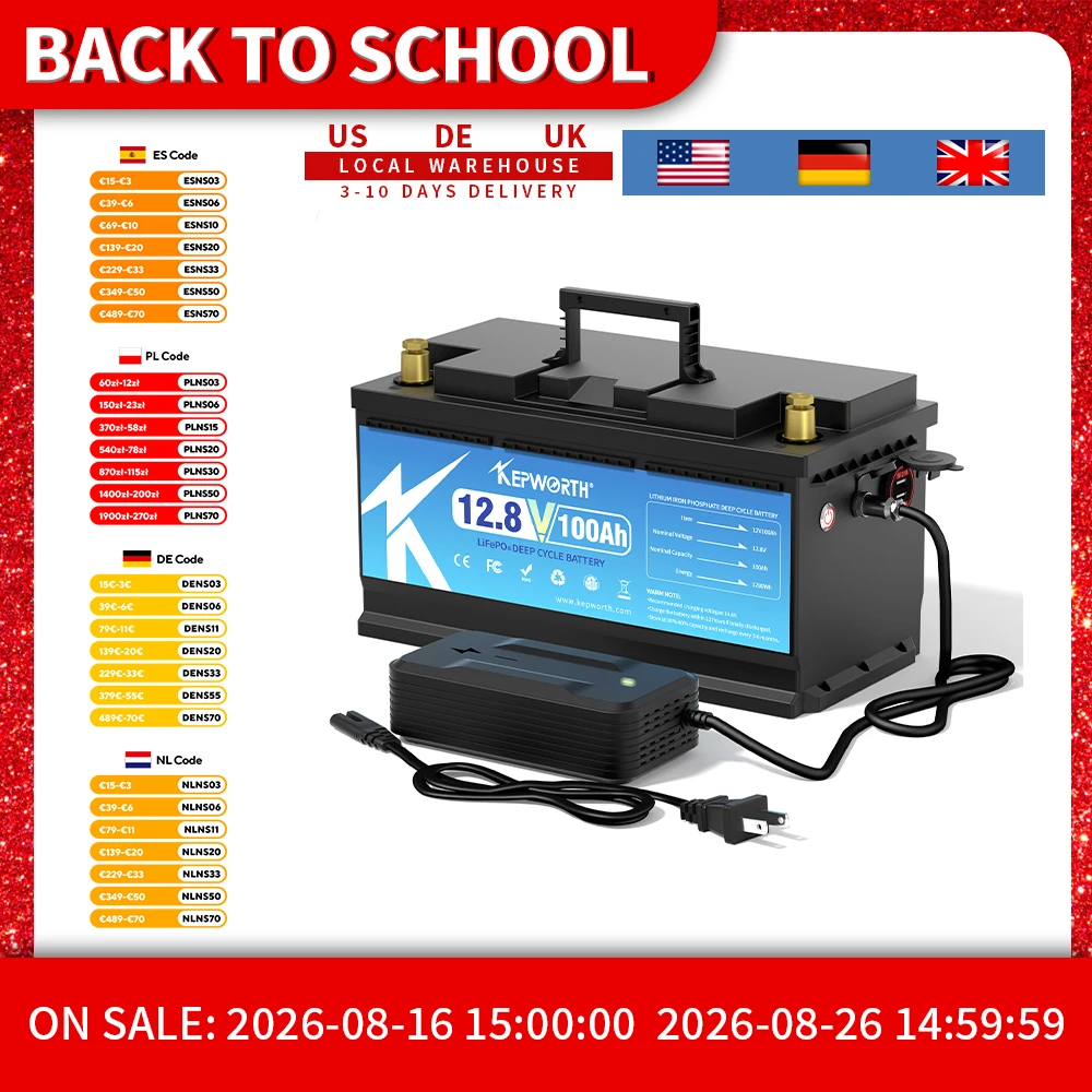 KEPWORTH 12 V 100 Ah Lithium-Eisenphosphat-Batterie, verbesserte BMS 6000 Zyklen für Wohnmobile, Wohnmobile, Golfwagen, Off-Road, Off-Grid-Solarwind