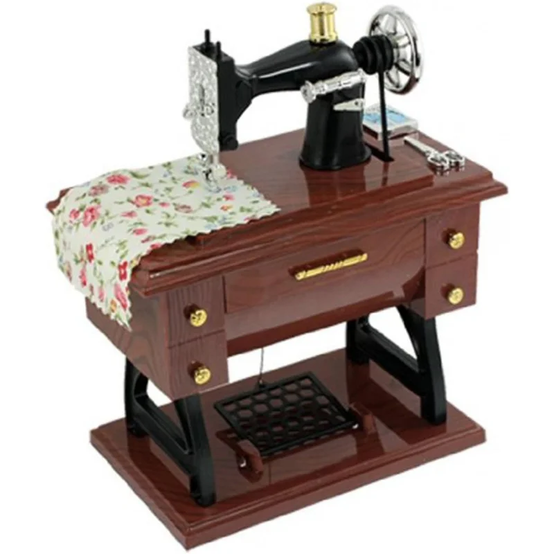 Retro Mini Sewing Machine Music Box Brown Plastic Desktop Decor Creative Craft Lover Gift Small Musical Instrument Style