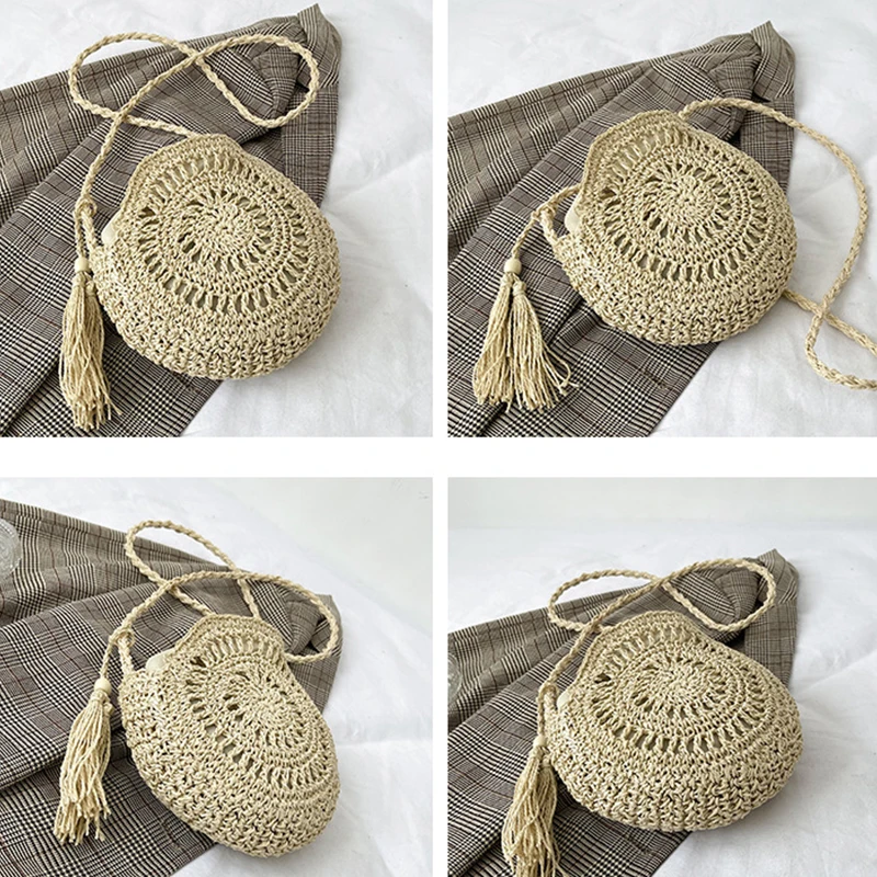 Rattan gewebte Frauen Stroh Umhängetasche kleine Clutch Geldbörse und Handtasche Sommer Strand tasche Frau Quaste Schulter Umhängetasche – Detail 18