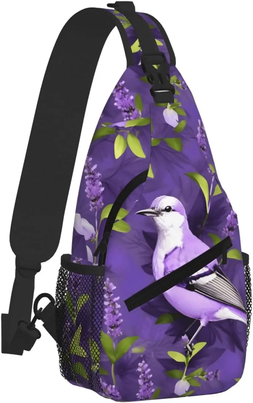 الطيور في الأرجواني الخزامى الأزهار الزهور طباعة حقيبة ظهر صغيرة ذات حمالة حقيبة كروسبودي ، حقيبة الصدر Daypack حزمة مراوح للخارجية