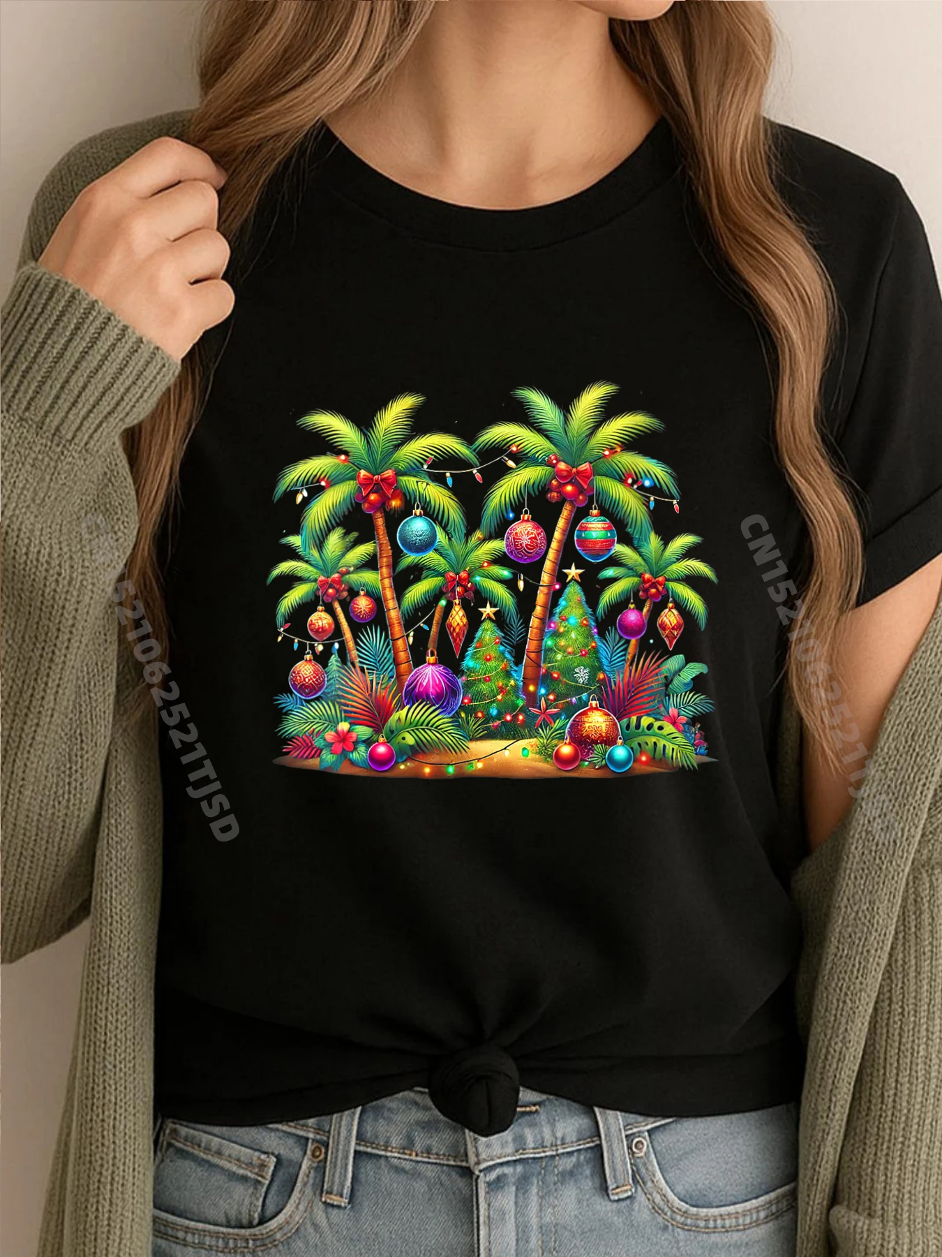 

Womens Christmas Palm Tree Hawaiian Teeshirt Short Sleeve T-Shirt HOLIDAYS