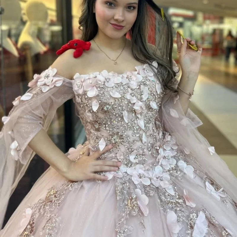 

Light Pink Quinceanera Dress off-shoulder Glitter Crystal Decal 3D Flower Long tail Vestidos De 15 Quinceanera ﻿Customize