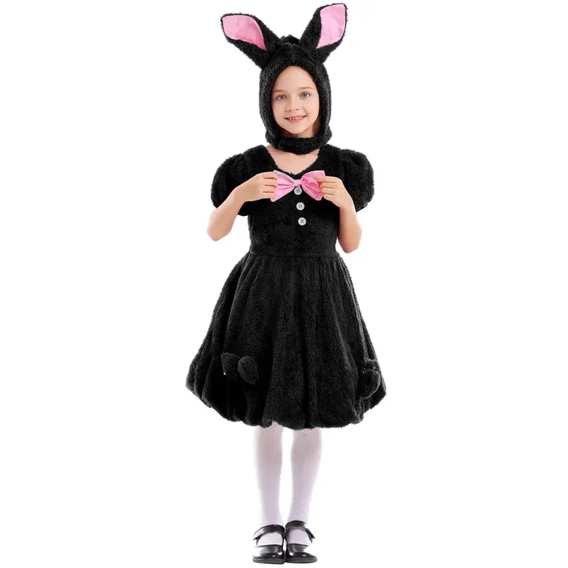 RT01 Umorden Easter Rabbit Bunny Costume for Girls Child Tween & Teens 12-14Y White Black Red Short Sleeve Dress Hat 2pcs/se&Gf1